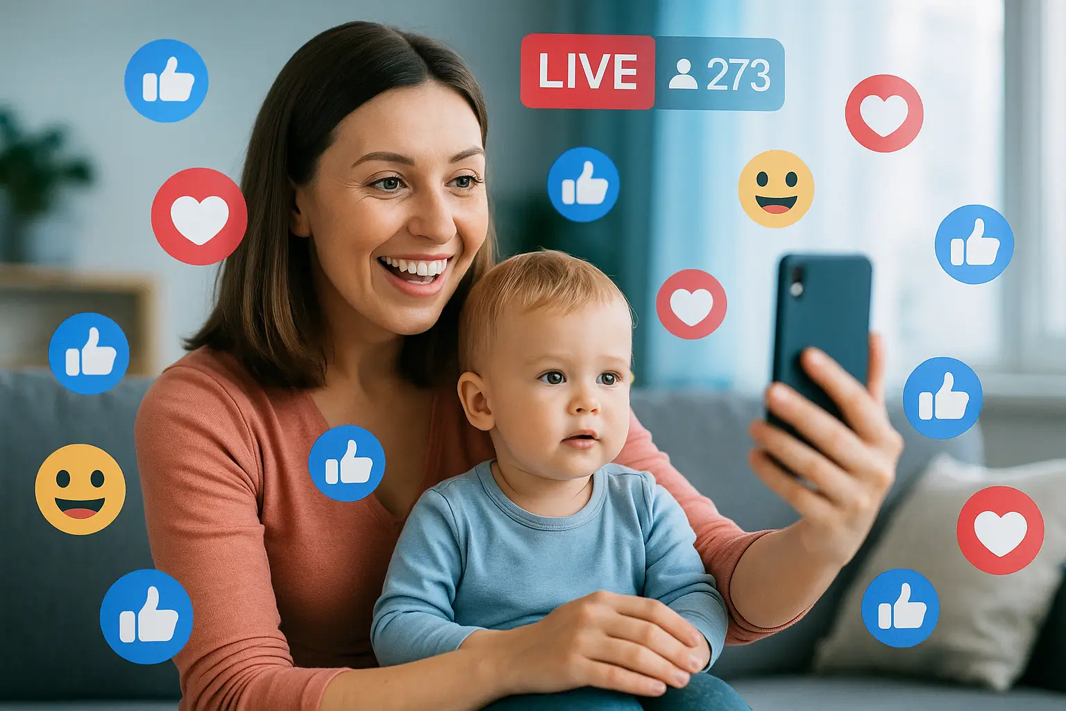 женщина с ребёнком ведёт прямой эфир