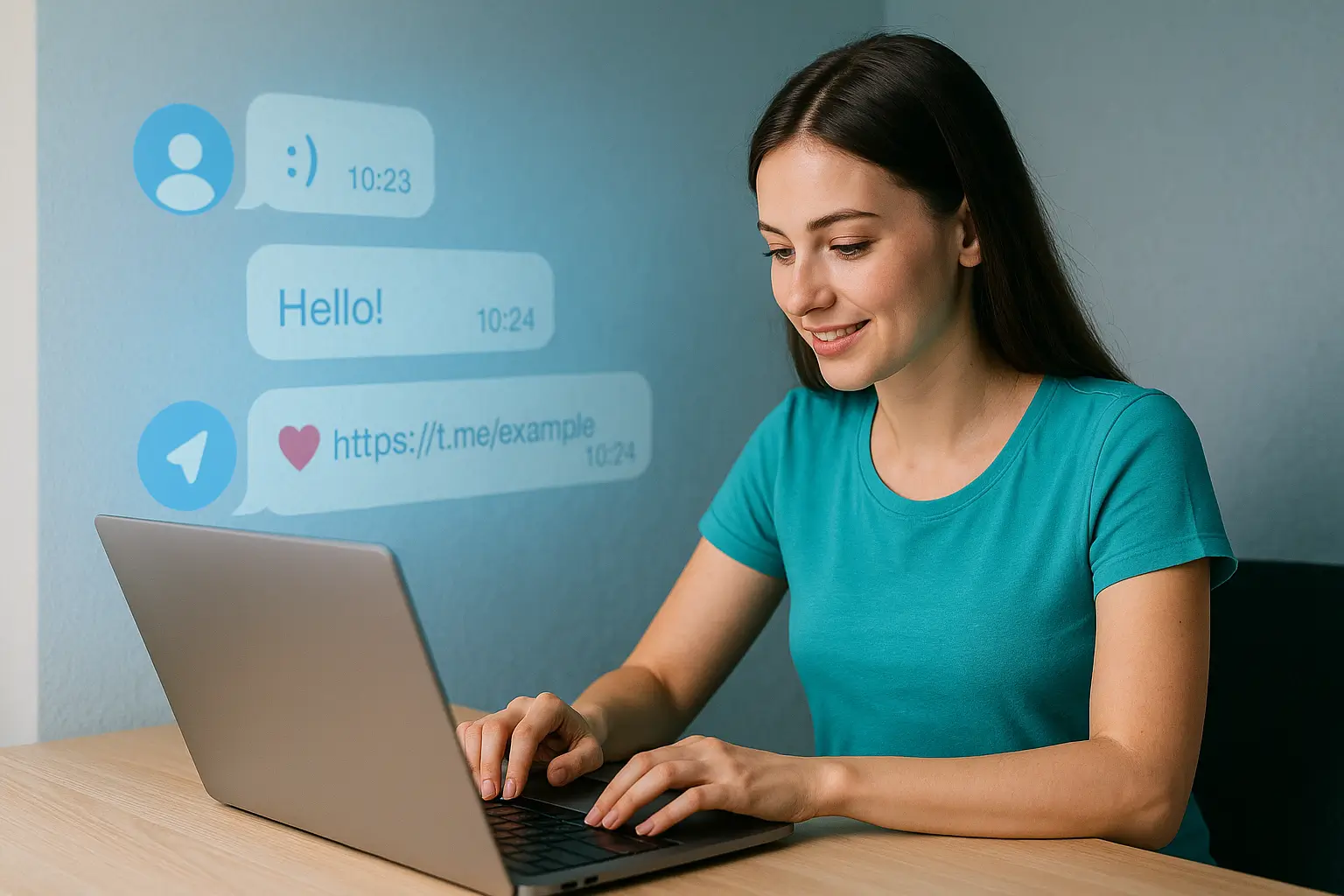 девушка пишет текст с чатом Telegram