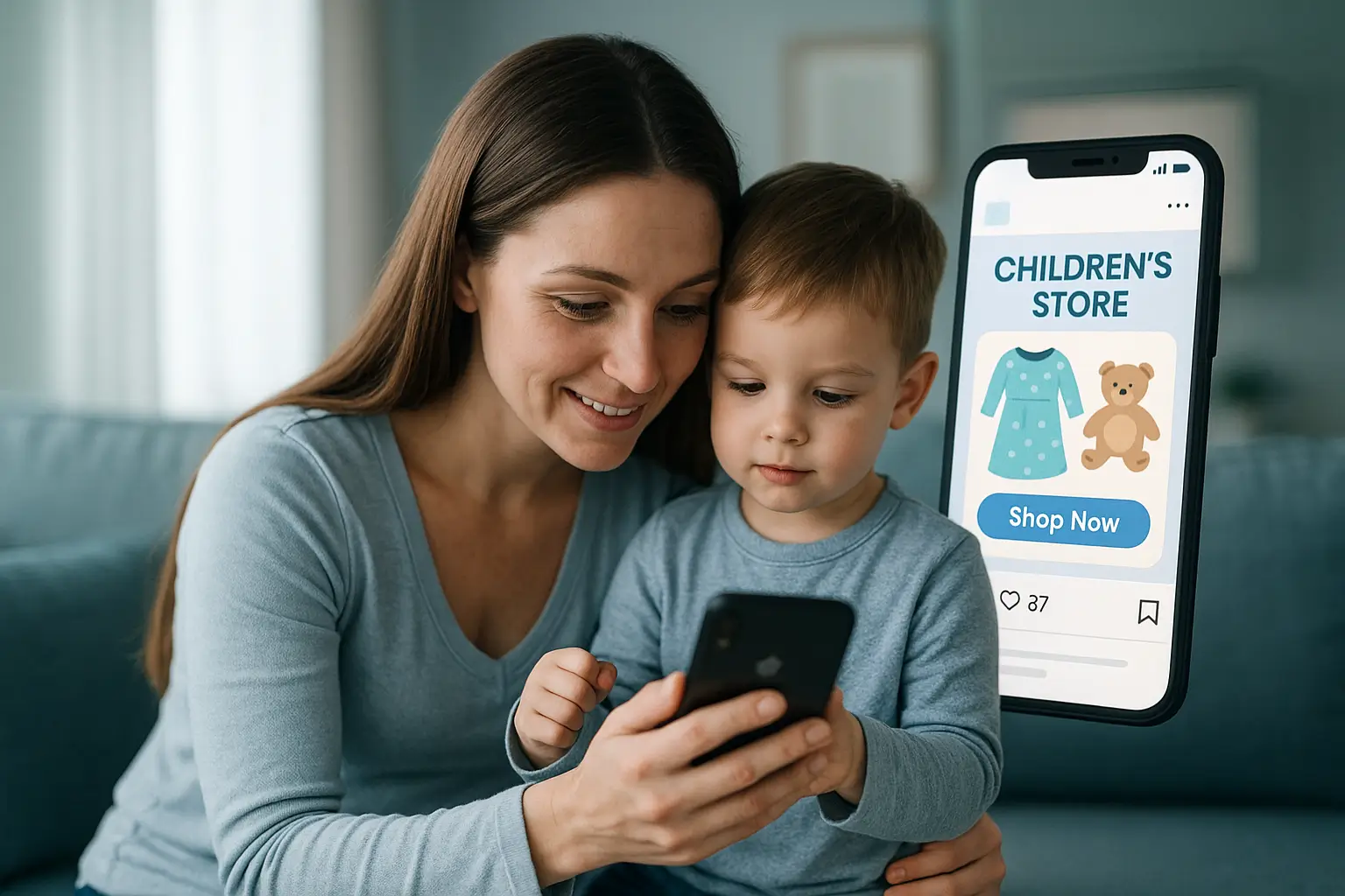 мама с ребёнком смотрит рекламу в соцсети