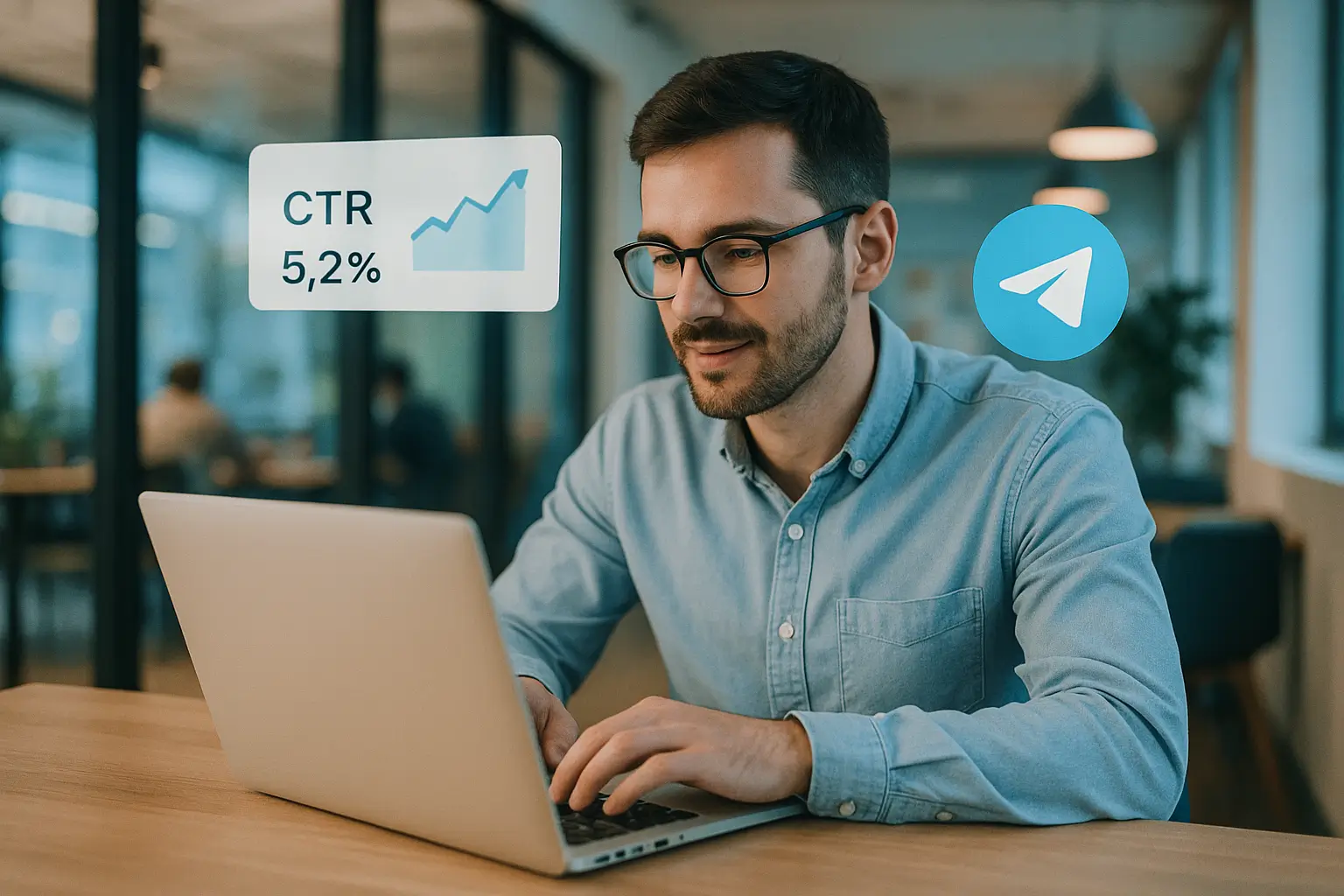 человек за ноутбуком с метриками соцсети