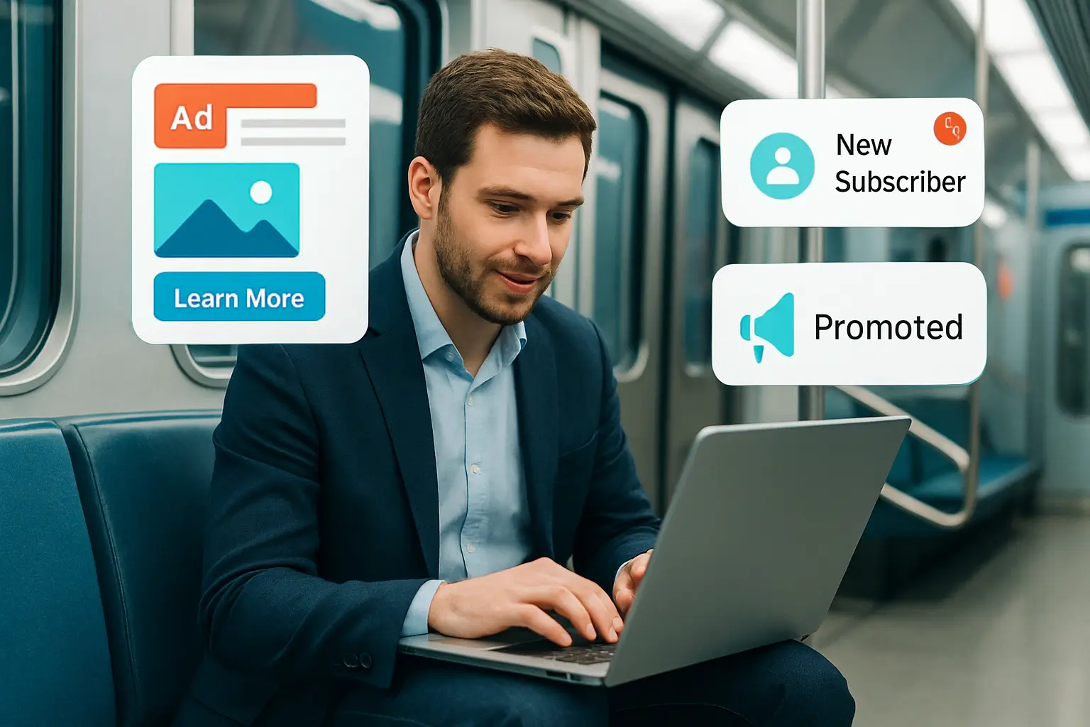 мужчина с ноутбуком и уведомлениями рекламы