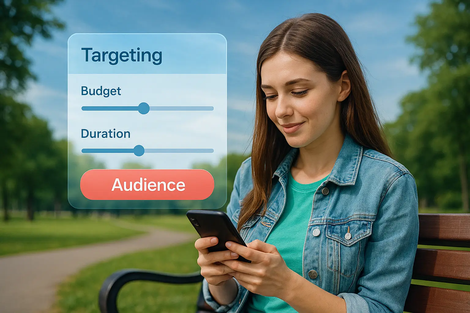 девушка в парке и интерфейс рекламы